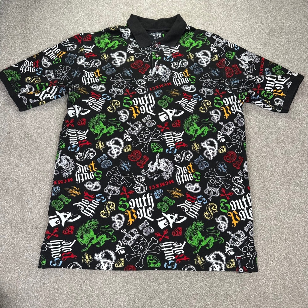 South Pole Vintage Streetwear Men's Large Polo Shirt All Over Print Multicolor